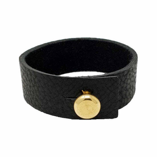 Black Leather Bracelet With Large Brass Button