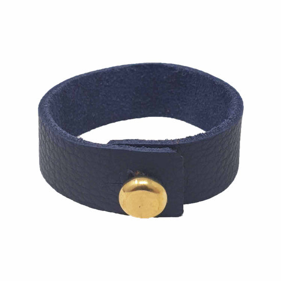 Blue Leather Bracelet With Large Brass Button