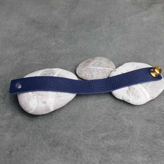 Blue Leather Bracelet With Large Brass Button