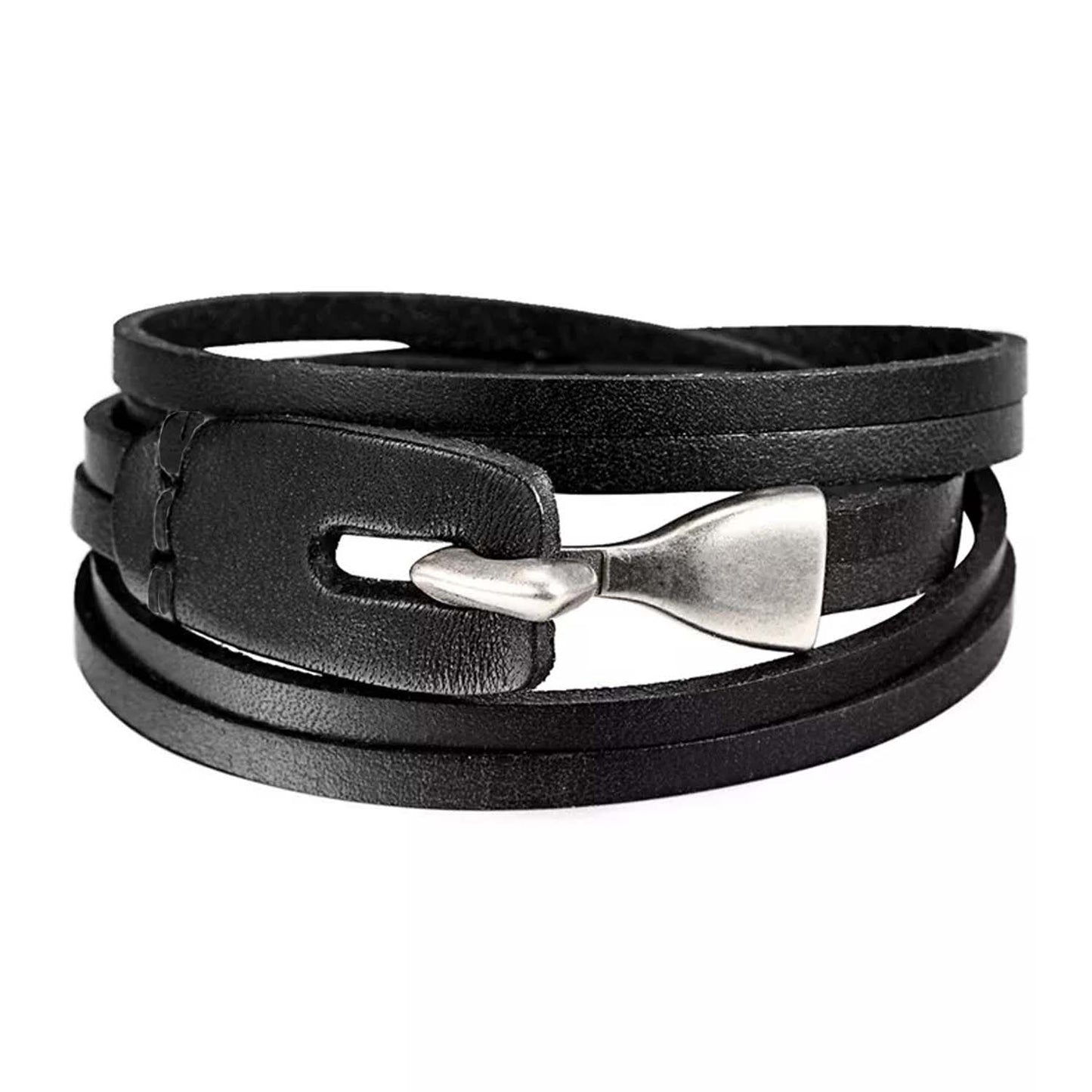 Black Leather Multilayer  Bracelet With Metal Hook Closure