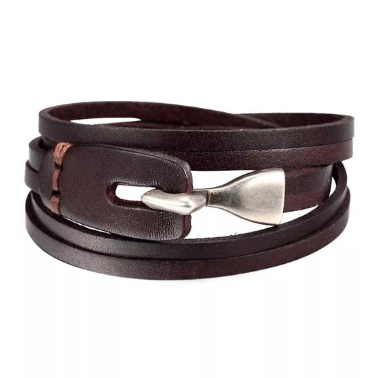 Brown Leather Multilayer  Bracelet With Metal Hook Closure