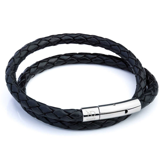 Holborn Black Leather Plaited Double Bracelet