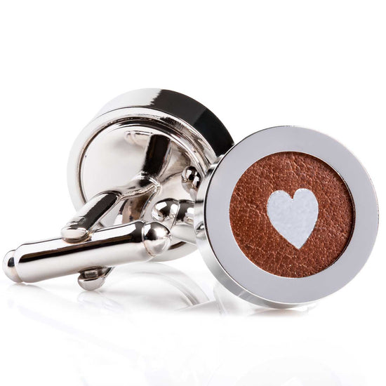Regent Brown Leather Silver Heart Cufflinks