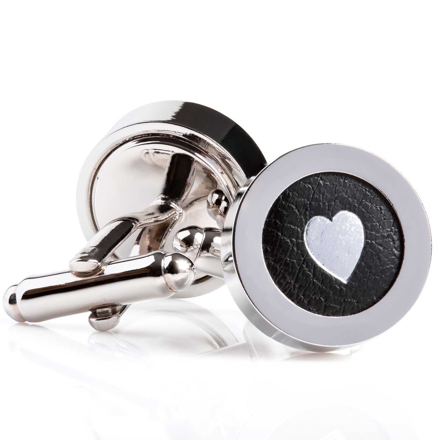 Regent Black Leather Silver Heart Cufflinks