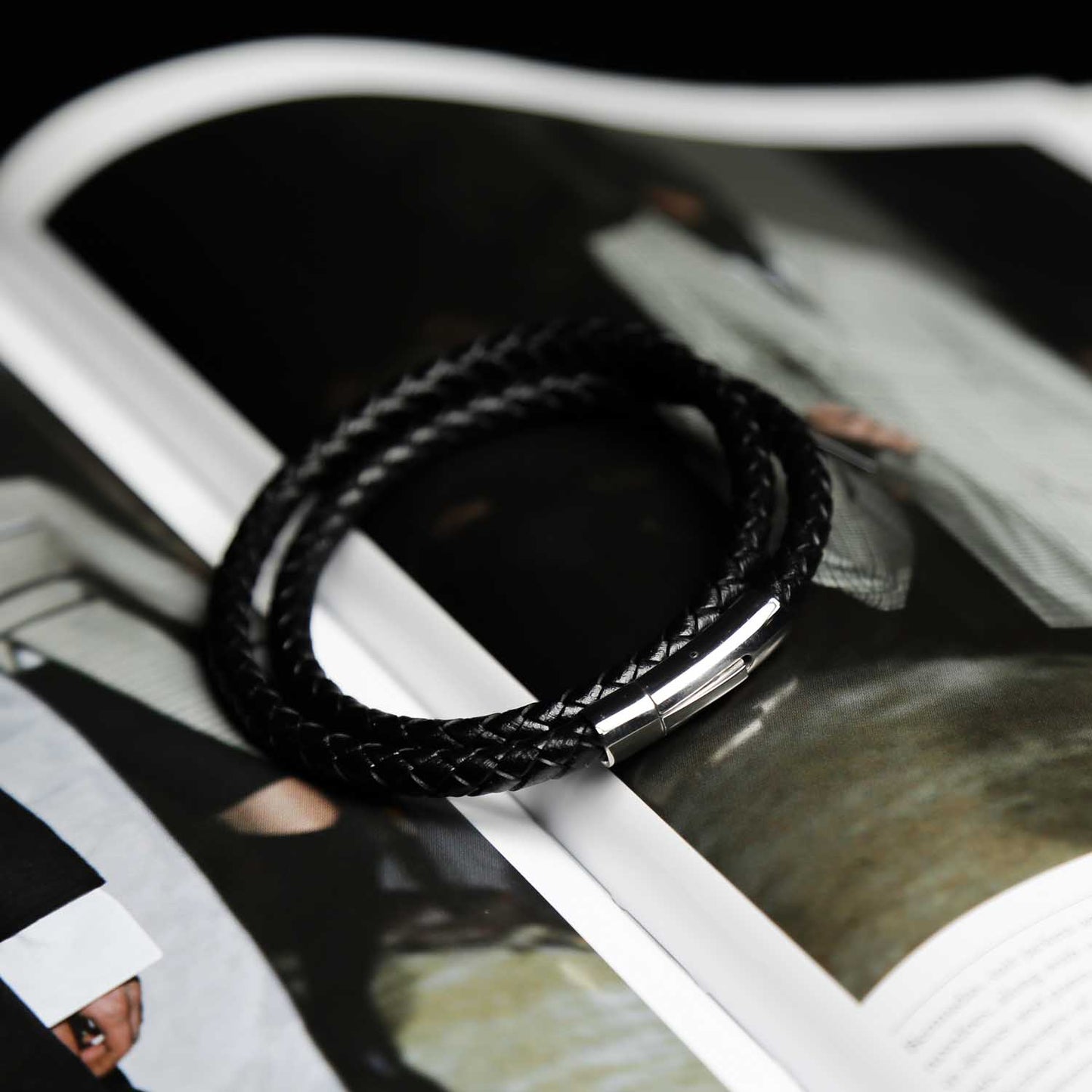 Holborn Black Leather Plaited Double Bracelet