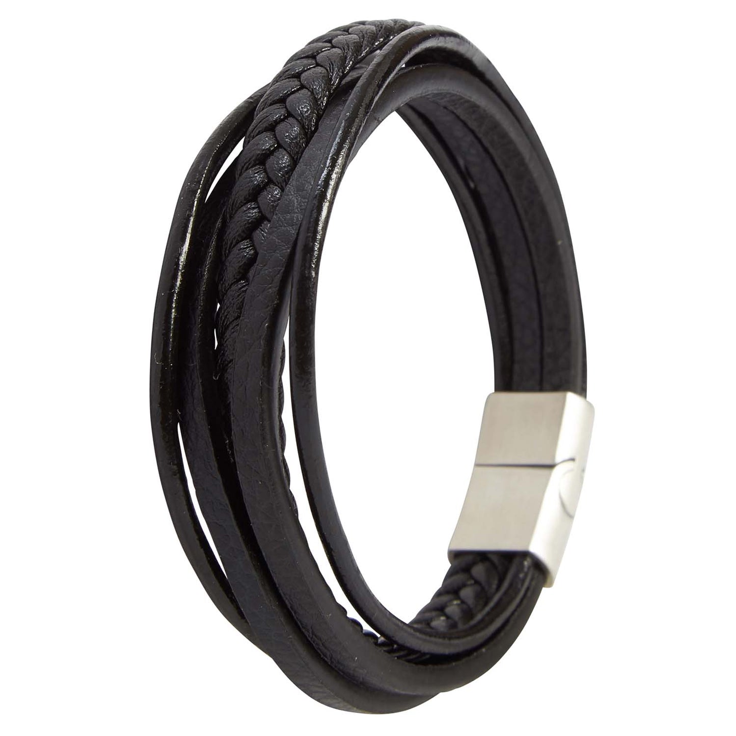 Black 5 Strap Leather Braided Bangle Bracelet