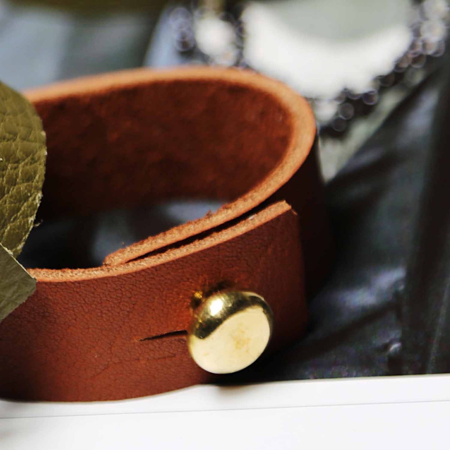 Tan Leather Bracelet With Large Brass Button