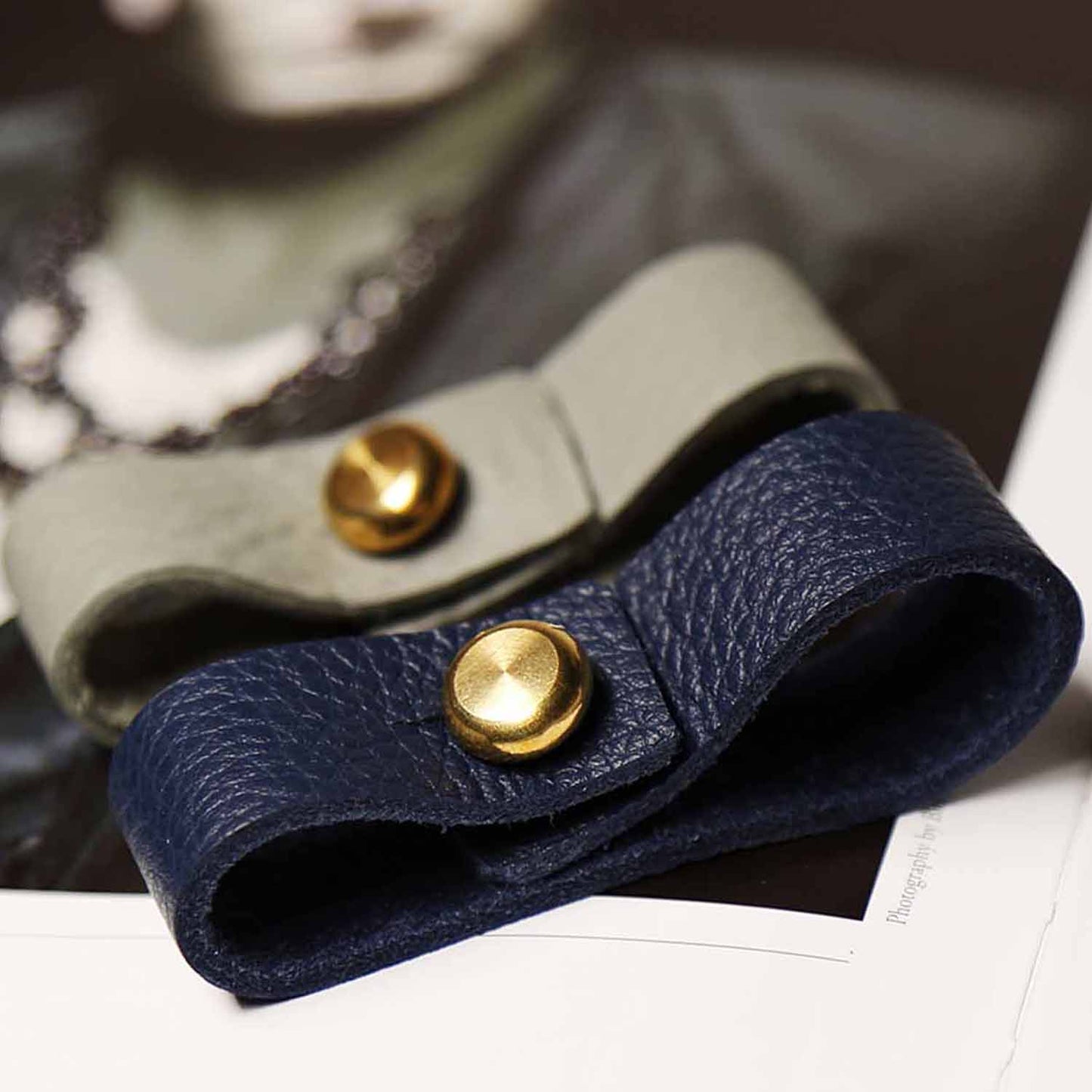 Blue Leather Bracelet With Large Brass Button