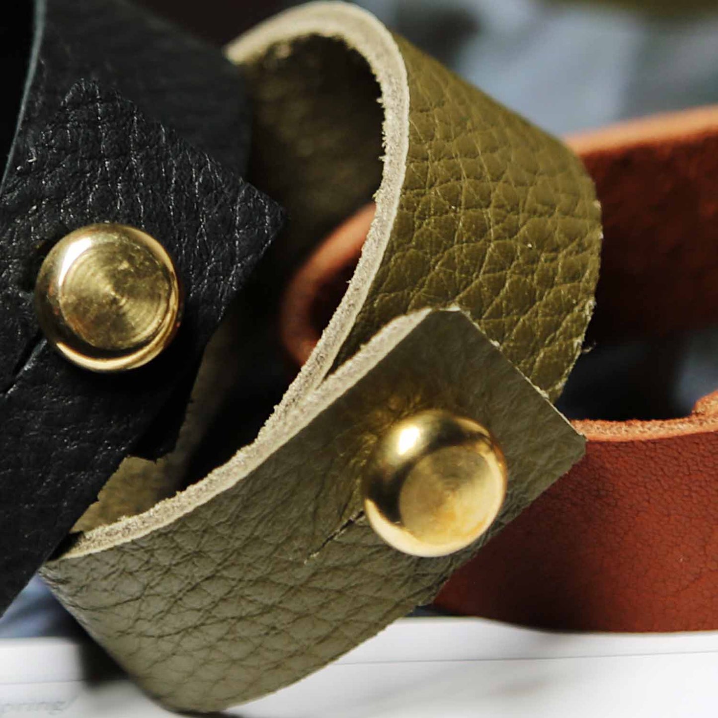 Olive Green Leather Bracelet With Large Brass Button