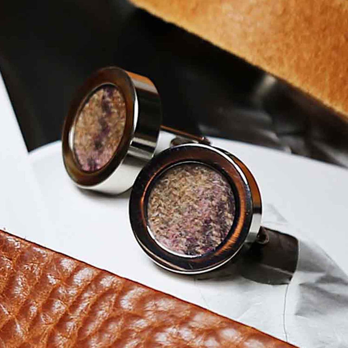 Load image into Gallery viewer, Regent Tan and Purple Wool &amp;amp; Rhodium Silver Cufflinks
