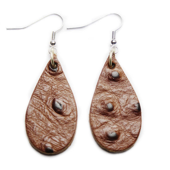 Brown Ostrich Print Leather Tear Drop Earrings