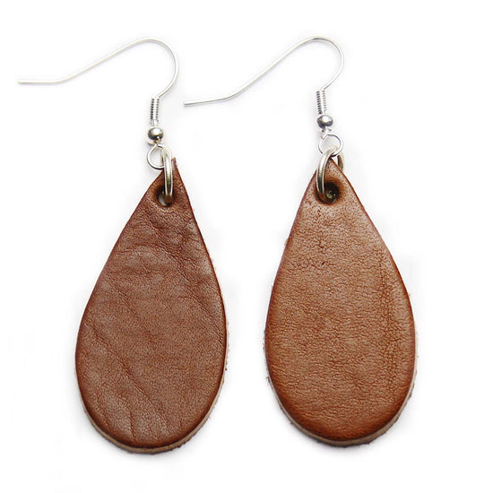 Dark Tan Leather Tear Drop Earrings