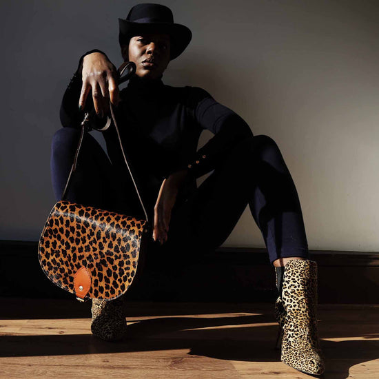 Leopard Print Tan Leather Saddle Bag